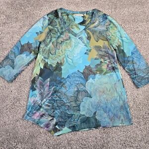 Soft Surroundings Shirt Womens Medium Blue Green Aquaria Tunic‎ Flowers